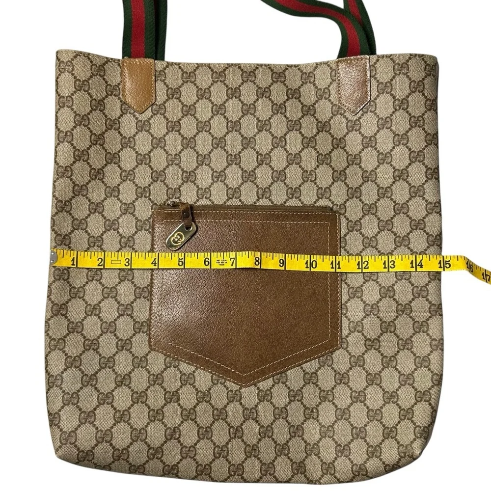 GUCCI Vintage GG Supreme Web Tote Bag Monogram Canvas Brown Leather Italy - Picture 14 of 16